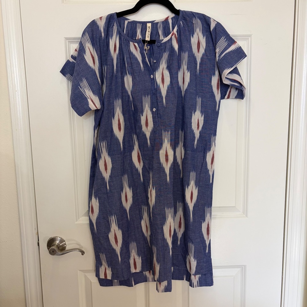 Mirth Nautical Ikat Night Dress Blue White Red Cotton Short Sleeve Small NWT